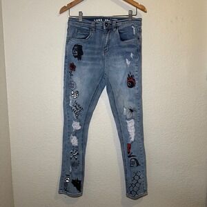 Lure Women 28W Graphic Jeans Tapered Skinny Blue Denim High Rise Punk Grunge Y2K